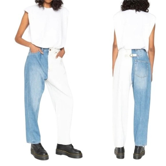 Free People X Sandrine Rose Wide Leg High Rise Color Block Retro Jean Milky Way - Picture 1 of 16